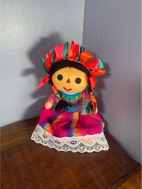 Handmade Mexican Cloth Doll with Colorful Ribbon and Embroidered Dress